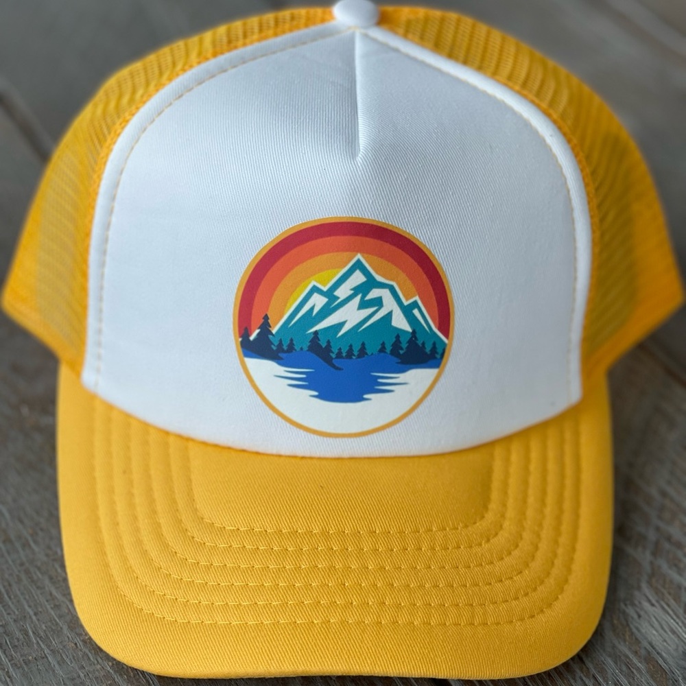 Yellow mountain rainbow trucker hat